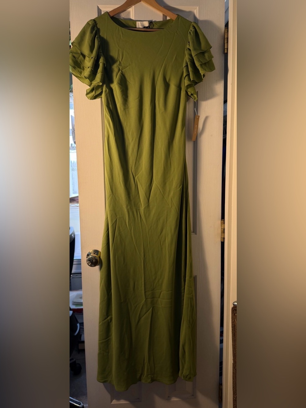O.p.t. Lenor Silk Olive Green Ruffle Sleeve Maxi Dress. L